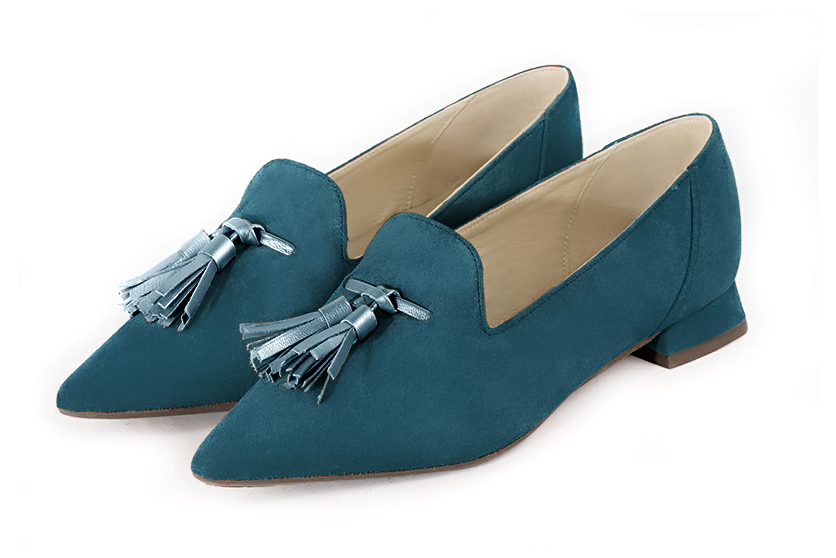 Peacock blue loafers with pompons. Pointed toe. Flat flare heels. Elegant and refined mocassins - Florence KOOIJMAN
